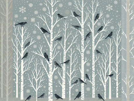 Winter birds forest wallpaper design file showing detailed birch trees and perching birds pattern