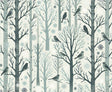 Winter forest wallpaper with birds creating a cozy atmosphere in a modern living room with soft lighting