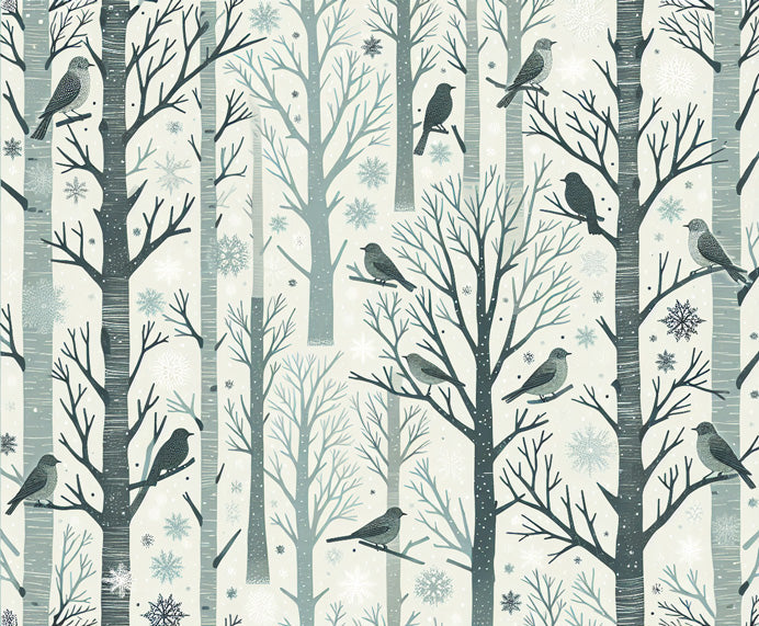 Winter forest wallpaper with birds creating a cozy atmosphere in a modern living room with soft lighting