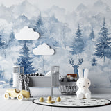 Snowy pine trees mural in a cozy bedroom setting with soft lighting