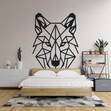 Modern geometric wolf wallpaper displayed in a minimalist living room, showing bold black lines against white walls