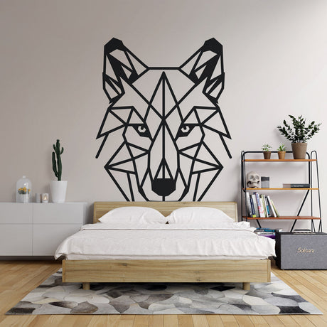 Modern geometric wolf wallpaper displayed in a minimalist living room, showing bold black lines against white walls
