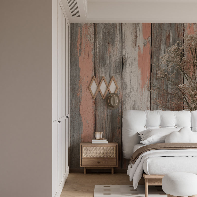 Rustic wood wallpaper displayed in cozy bedroom with natural light