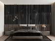 Black wood plank wallpaper in modern living room creating dramatic accent wall behind gray sofa