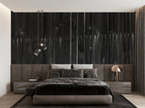 Black wood plank wallpaper in modern living room creating dramatic accent wall behind gray sofa