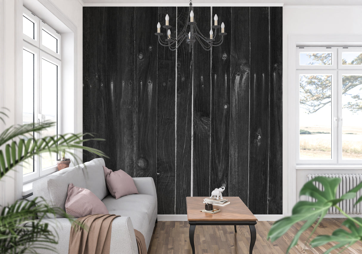 Dark wood wall mural in minimalist dining room with pendant lighting