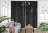 Dark wood wall mural in minimalist dining room with pendant lighting