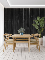 Vertical wood pattern wallpaper making home office look taller and more professional