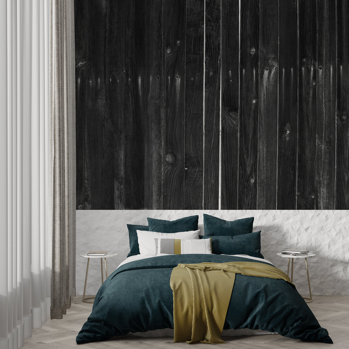 Black wooden wall mural in master bedroom creating cozy atmosphere