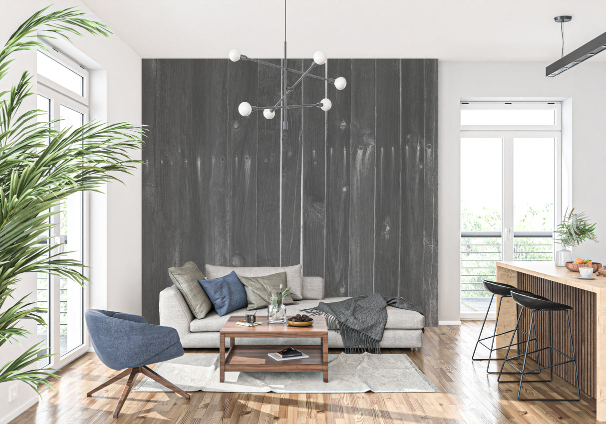 Modern black wood wallpaper in contemporary hallway with track lighting
