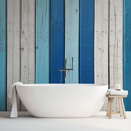 Coastal wood wallpaper with blue and white stripes creating a beach house feel in a modern living room