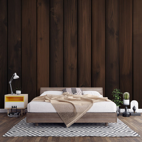 Dark brown wood plank wallpaper in modern dining room with natural light highlighting the vertical grain pattern