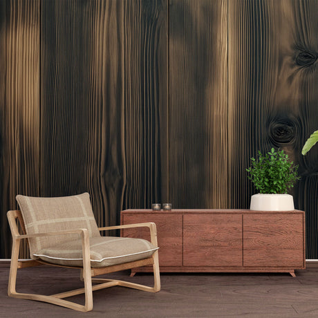 Dark wood grain wallpaper creating a cozy atmosphere in a modern dining room with vertical pine pattern and warm lighting