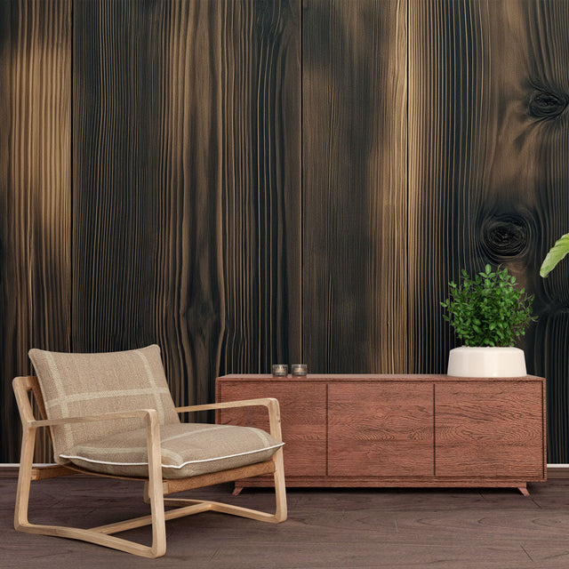Dark wood grain wallpaper creating a cozy atmosphere in a modern dining room with vertical pine pattern and warm lighting