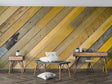 Diagonal wooden plank wallpaper in modern dining room creating warm, inviting atmosphere with natural wood tones