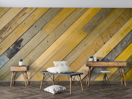 Diagonal wooden plank wallpaper in modern dining room creating warm, inviting atmosphere with natural wood tones