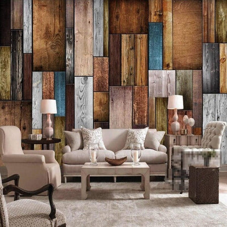 Industrial wood patchwork wallpaper in modern living room with grey sofa and natural light