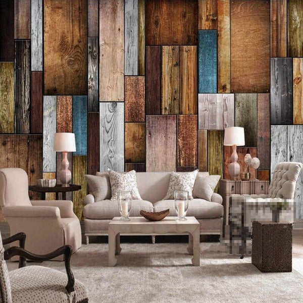 Industrial wood patchwork wallpaper in modern living room with grey sofa and natural light