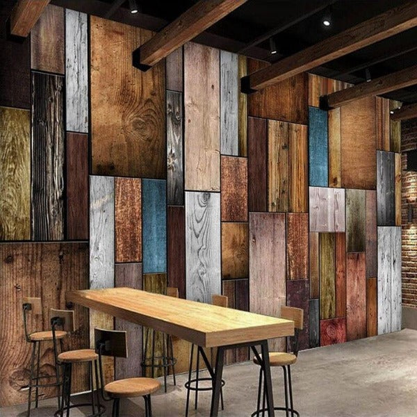 Wooden plank effect wallpaper in industrial style restaurant with exposed brick