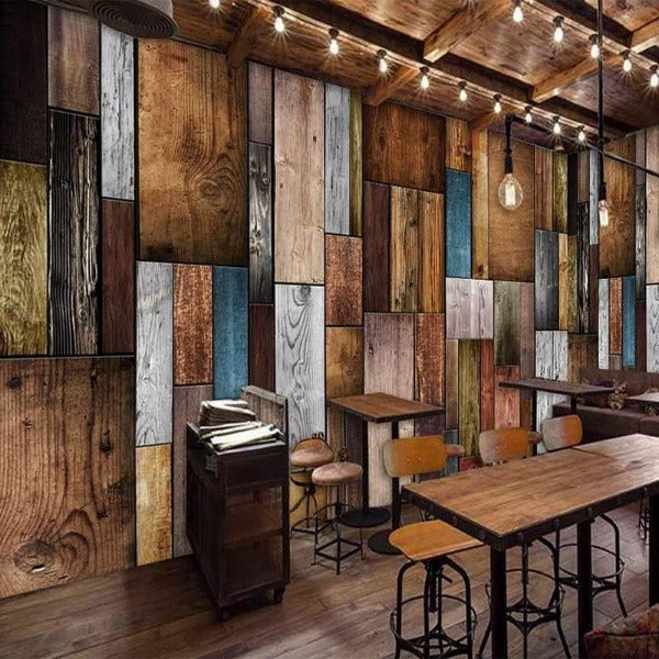 Reclaimed wood wallpaper design in home office with modern furniture