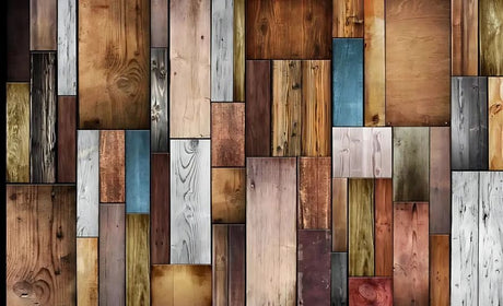 Industrial patchwork wood wallpaper design file showing detailed plank pattern and textures