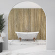 Wood grain wallpaper in modern living room with gray sofa and natural light showing warm beige tones