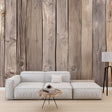 Grey wood plank wallpaper in modern living room with minimalist furniture