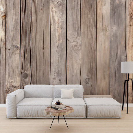 Grey wood plank wallpaper in modern living room with minimalist furniture