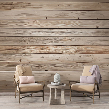 Wood plank wallpaper creating a cozy atmosphere in modern living room with grey sofa and natural decor