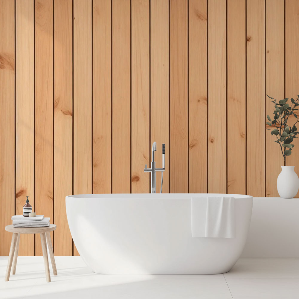 Wood effect wallpaper creating a cozy atmosphere in a modern living room, vertical pine planks adding height and warmth