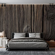 Wood effect wallpaper creating a cozy atmosphere in a modern living room with natural light and minimal furniture
