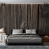Wood effect wallpaper creating a cozy atmosphere in a modern living room with natural light and minimal furniture