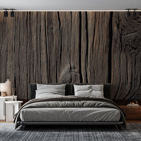 Wood effect wallpaper creating a cozy atmosphere in a modern living room with natural light and minimal furniture