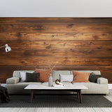Wood plank wallpaper in modern living room creating warm, inviting atmosphere