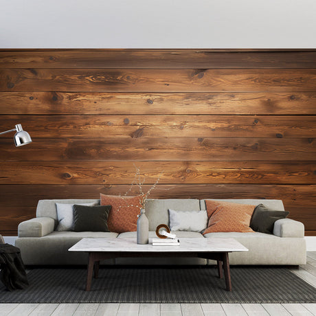 Wood plank wallpaper in modern living room creating warm, inviting atmosphere