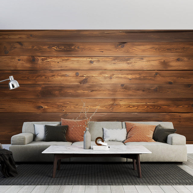 Wood plank wallpaper in modern living room creating warm, inviting atmosphere