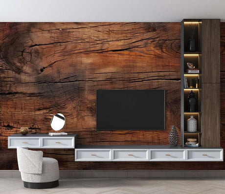 Rustic wood wallpaper creating a warm atmosphere in modern living room with grey sofa and natural decor