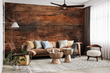 Brown oak texture wallpaper adding character to dining room with wooden table and pendant lights