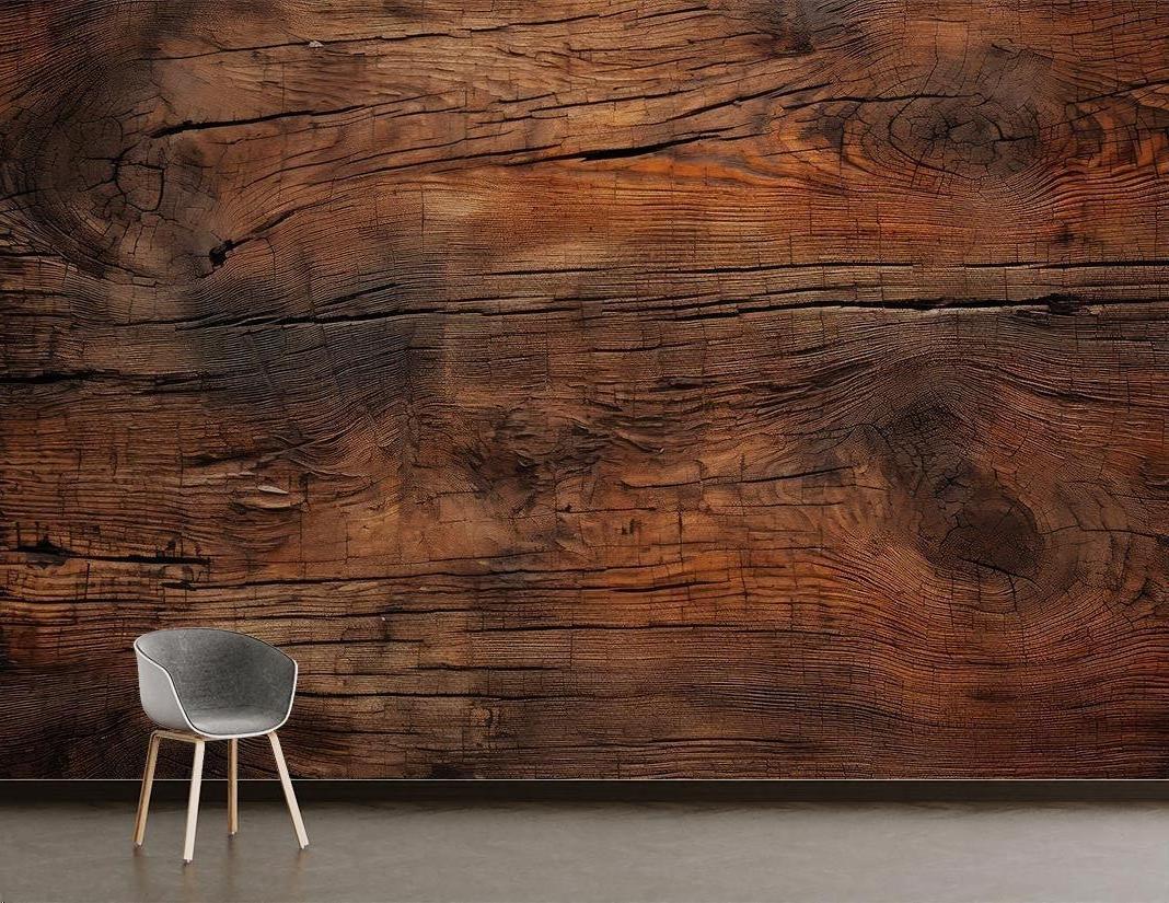 Wood grain wallpaper bringing natural warmth to home office with desk and bookshelf