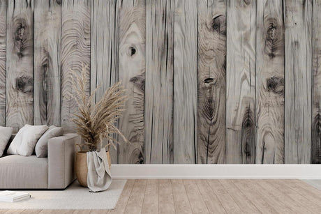Rustic grey wood wallpaper in modern living room, creating a warm and inviting accent wall with natural plank texture