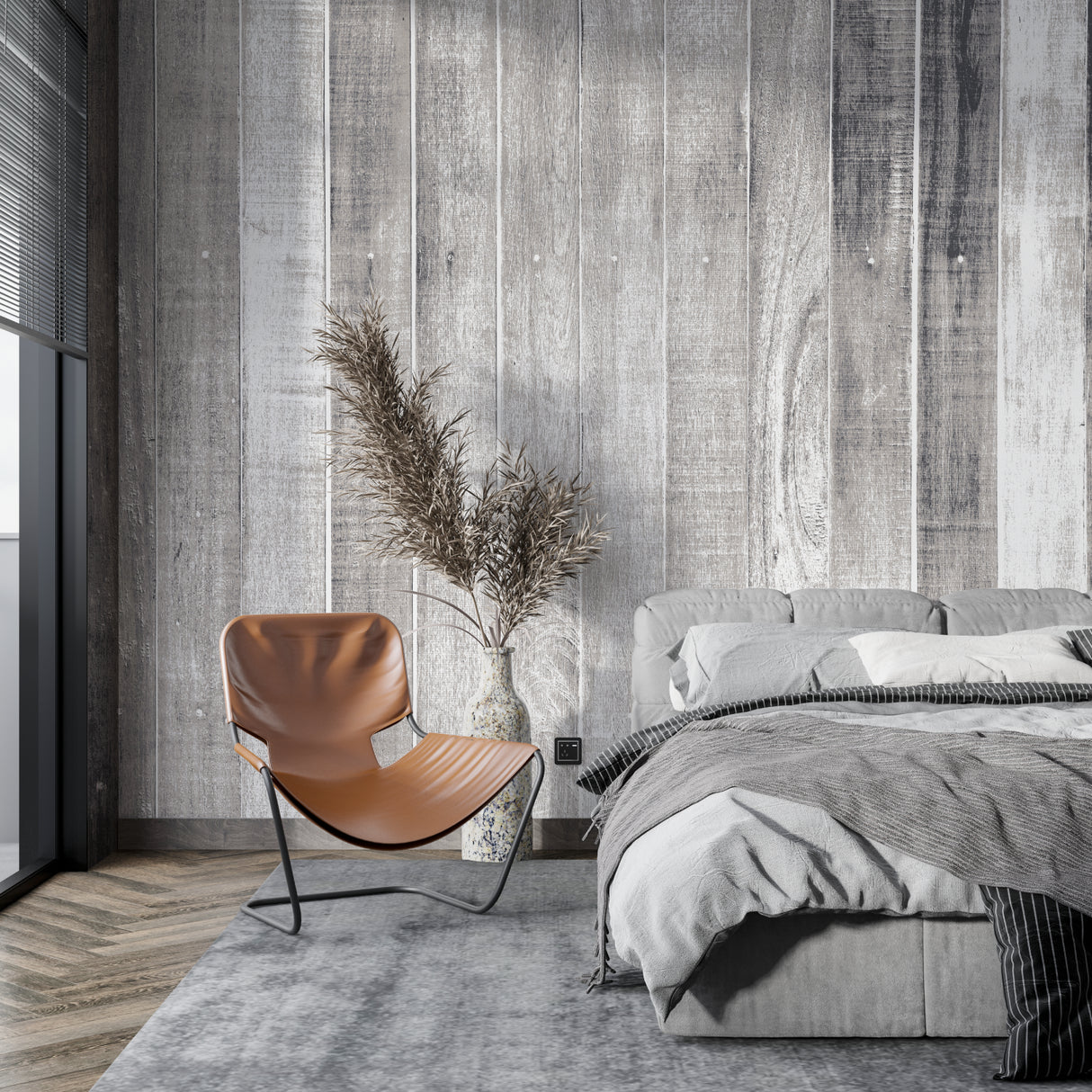 Weathered wood mural enhancing an entrance hallway with rustic charm