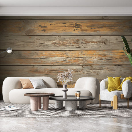 Rustic wood plank wallpaper in modern farmhouse living room showing warm honey tones and natural grain patterns