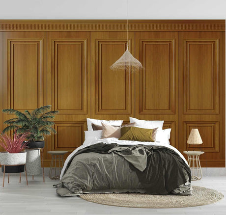 Wood panel wallpaper creating an elegant dining room with classic oak wainscoting design and warm lighting