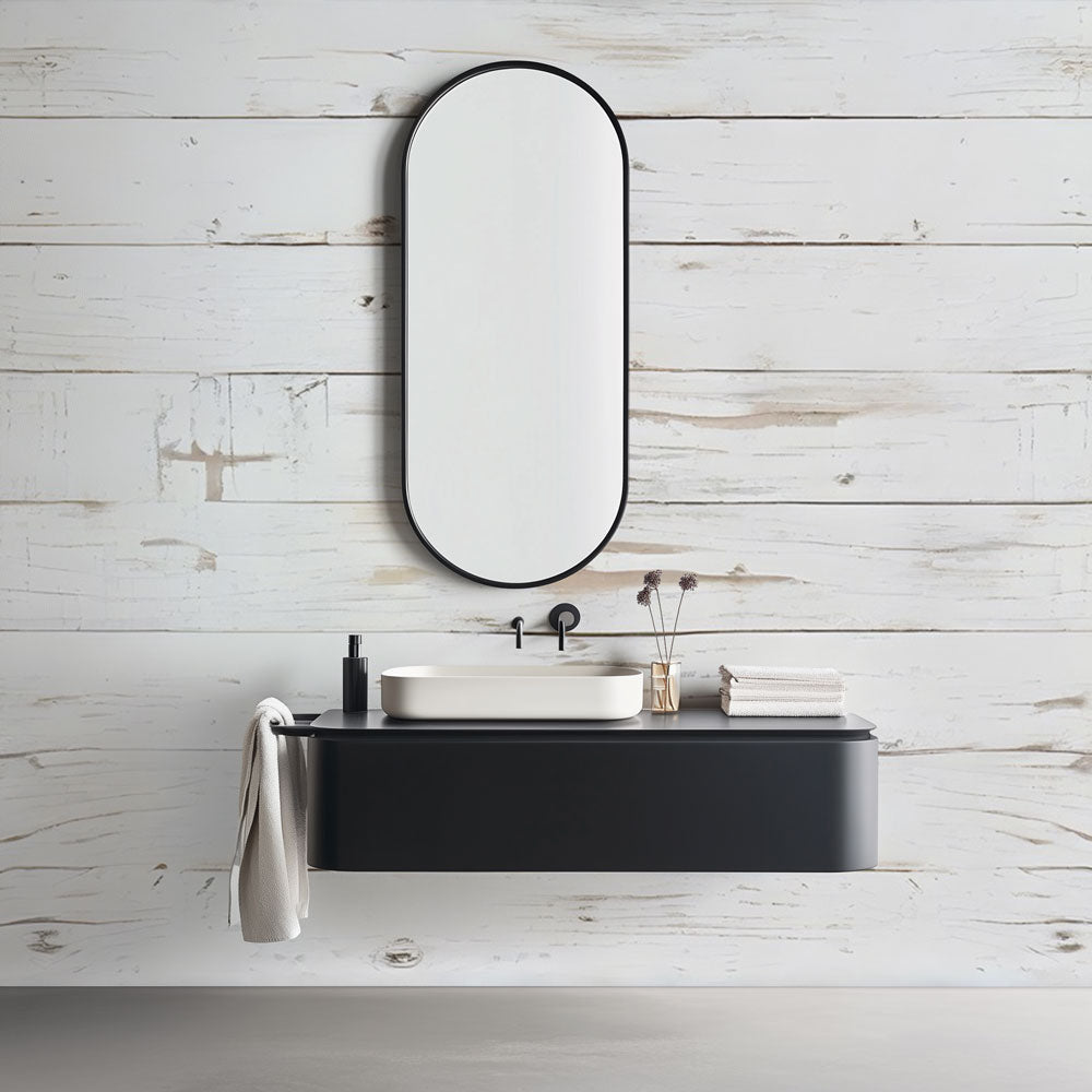 White wood plank wallpaper creating a cozy atmosphere in a bright modern living room with minimal furniture