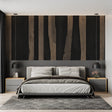 Modern black and wood stripe wallpaper in a bright living room with minimalist furniture