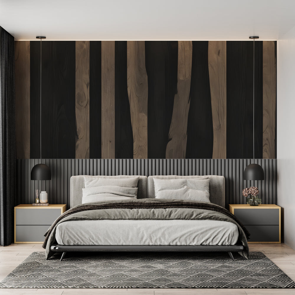 Modern black and wood stripe wallpaper in a bright living room with minimalist furniture