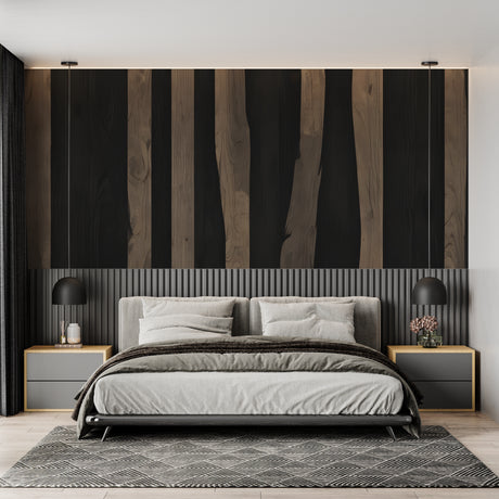 Modern black and wood stripe wallpaper in a bright living room with minimalist furniture