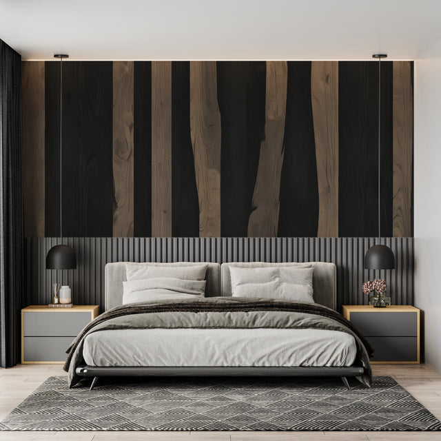 Modern black and wood stripe wallpaper in a bright living room with minimalist furniture
