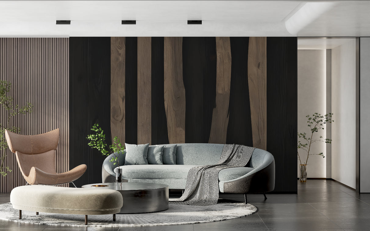 Wood pattern wall mural creating height in a modern dining room