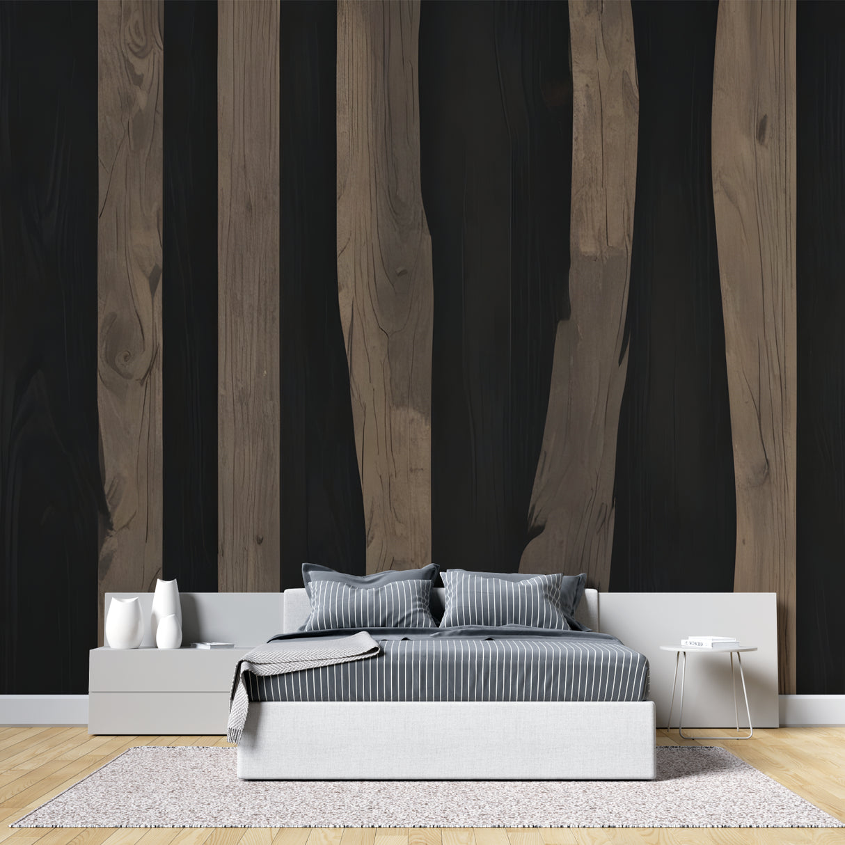 Black and wood stripe wallpaper in a contemporary office space
